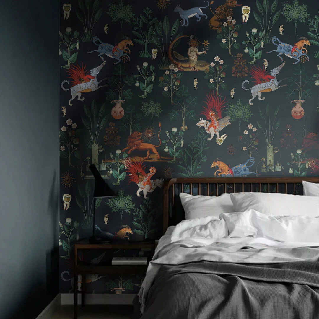 Botanical Wallpaper Mythical Beasts - Black Background, Horse and Lion, Plants, Removable or Vinyl Wall Murals #B28