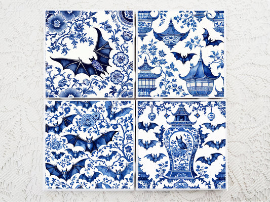 Blue White Bat Coaster Set | Halloween Decor Ceramic Tile Coasters | Gothic Bat Lover Gift