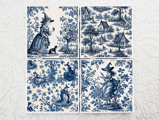 Witch Ceramic Coaster Set – Blue White Toile Tile Art, Halloween Cottagecore Whimsigoth Home Decor- Pagan Wicca Gift Idea