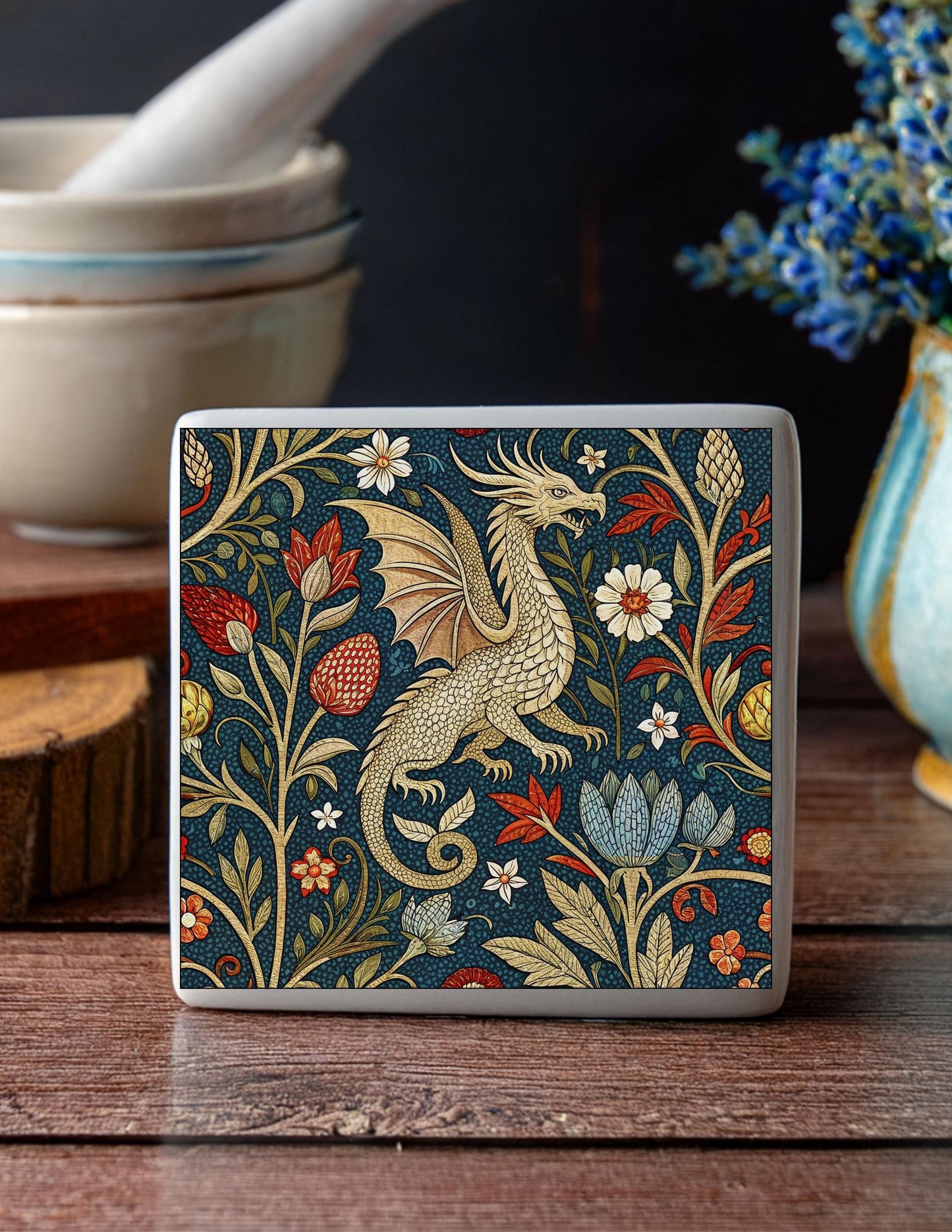 DRAGON MYTHICAL FANTASY Ceramic Tile Coaster | Handmade Drink Coaster | Square Coaster Set | Housewarming Gift | Gift for Her | Gift for Him