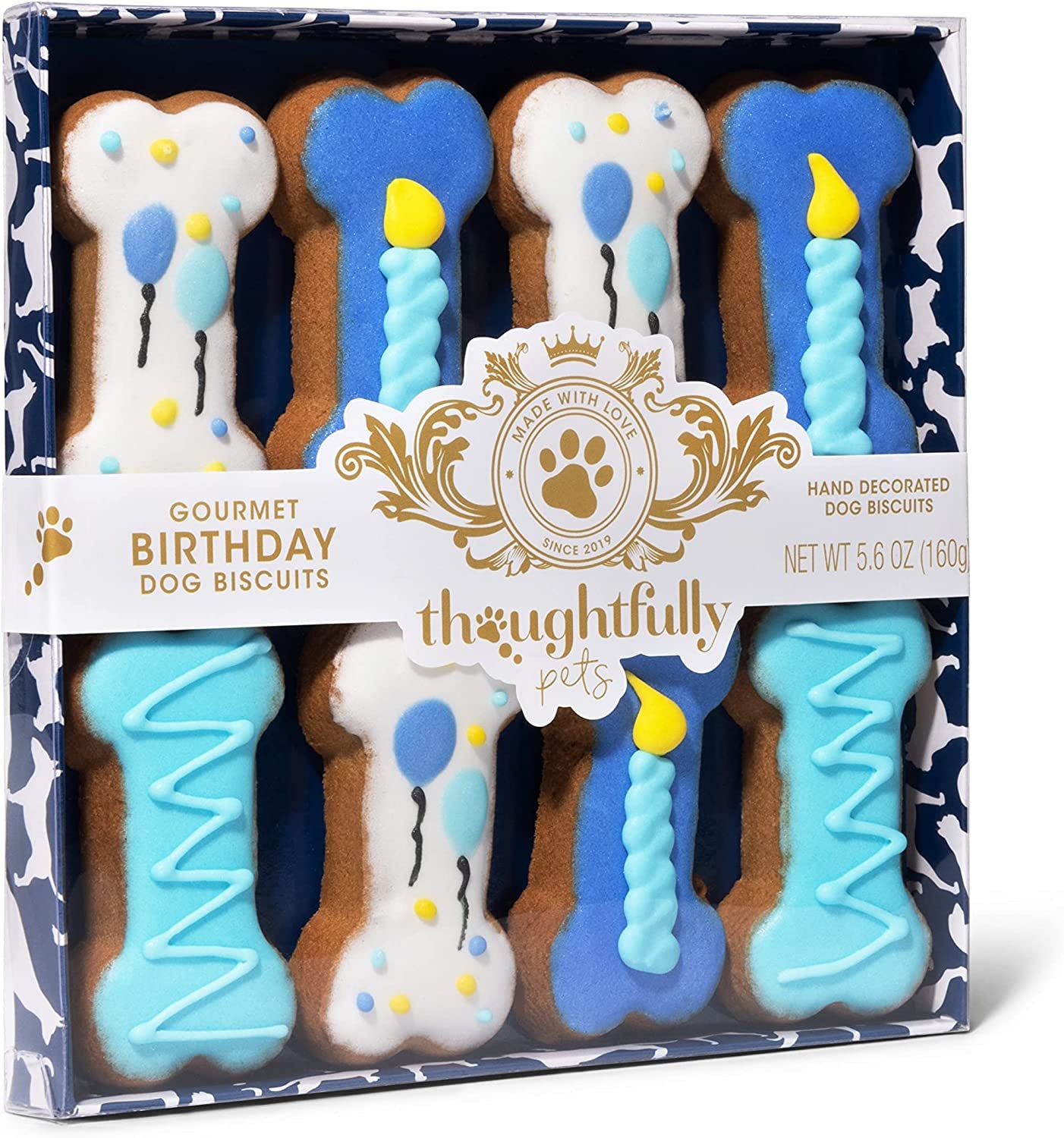 Pets, Dog Birthday Cookie Gift Set, Hand Decorated Crunchy Treats in Bone Shapes, Great for Birthdays, Set of 8 (8 Count (Pack of 1), Boy)