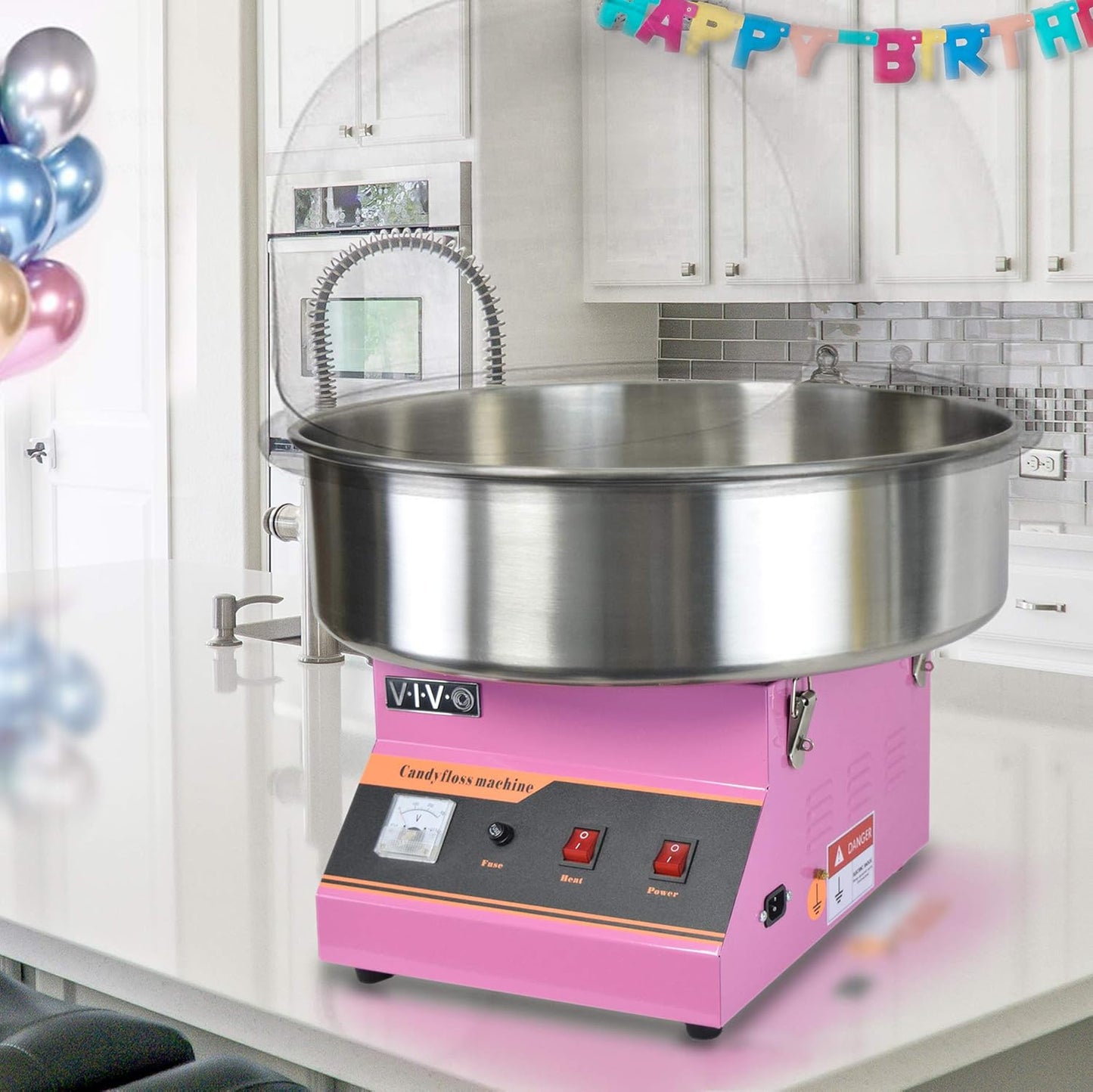 Pink 1030W Electric Cotton Candy Machine, Commercial Candy Floss Maker with 20 Inch Stainless Steel Bowl, Includes Bubble Shield Cover and Sugar Scoop, Easy Home Use, Candy-Kit-1
