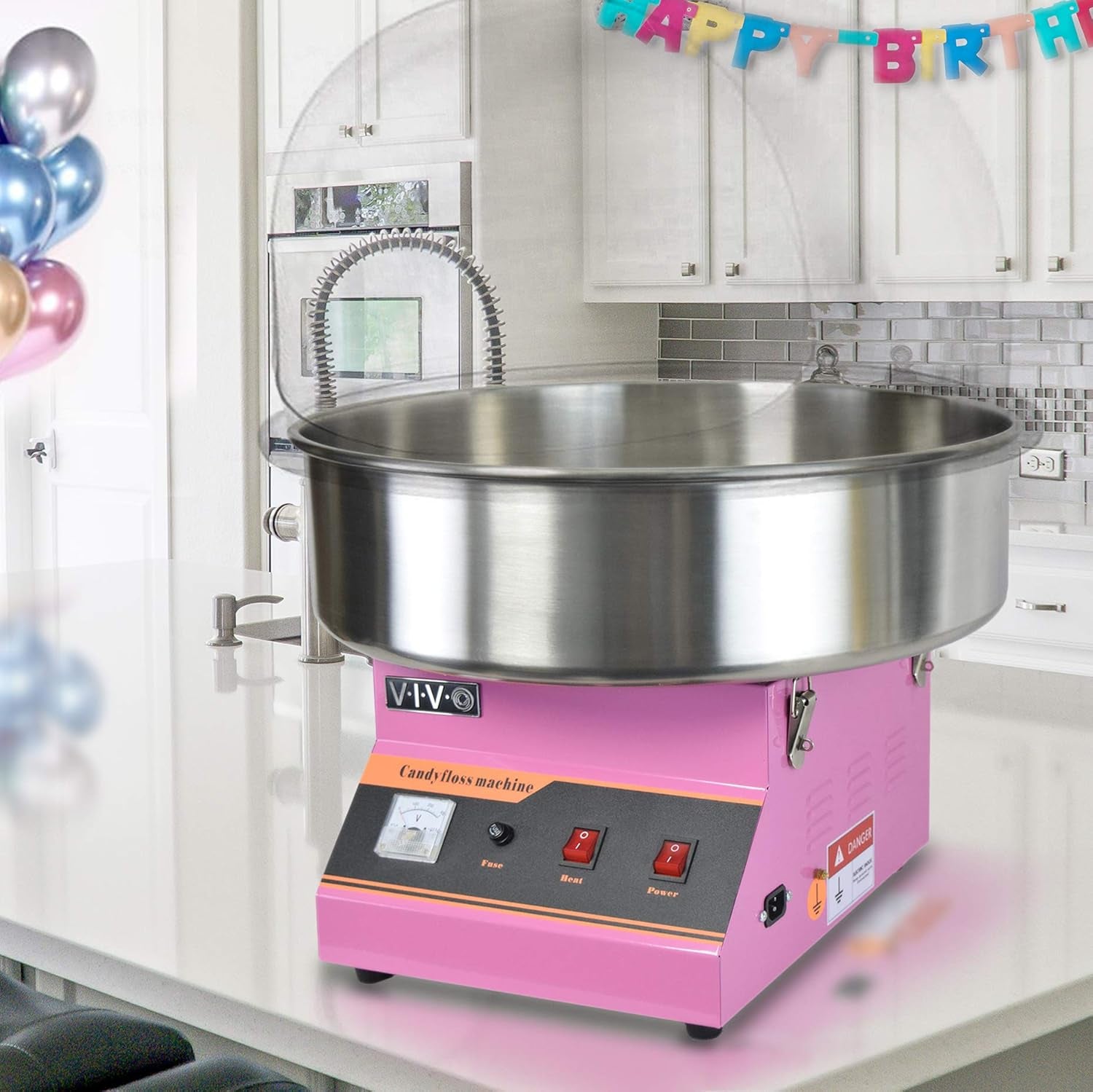 Pink 1030W Electric Cotton Candy Machine, Commercial Candy Floss Maker with 20 Inch Stainless Steel Bowl, Includes Bubble Shield Cover and Sugar Scoop, Easy Home Use, Candy-Kit-1