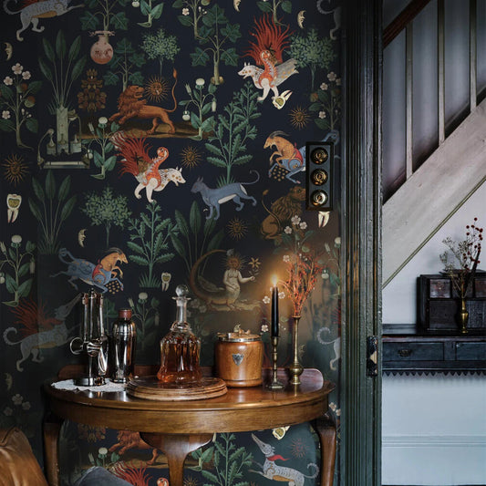 Botanical Wallpaper Mythical Beasts - Black Background, Horse and Lion, Plants, Removable or Vinyl Wall Murals #B28