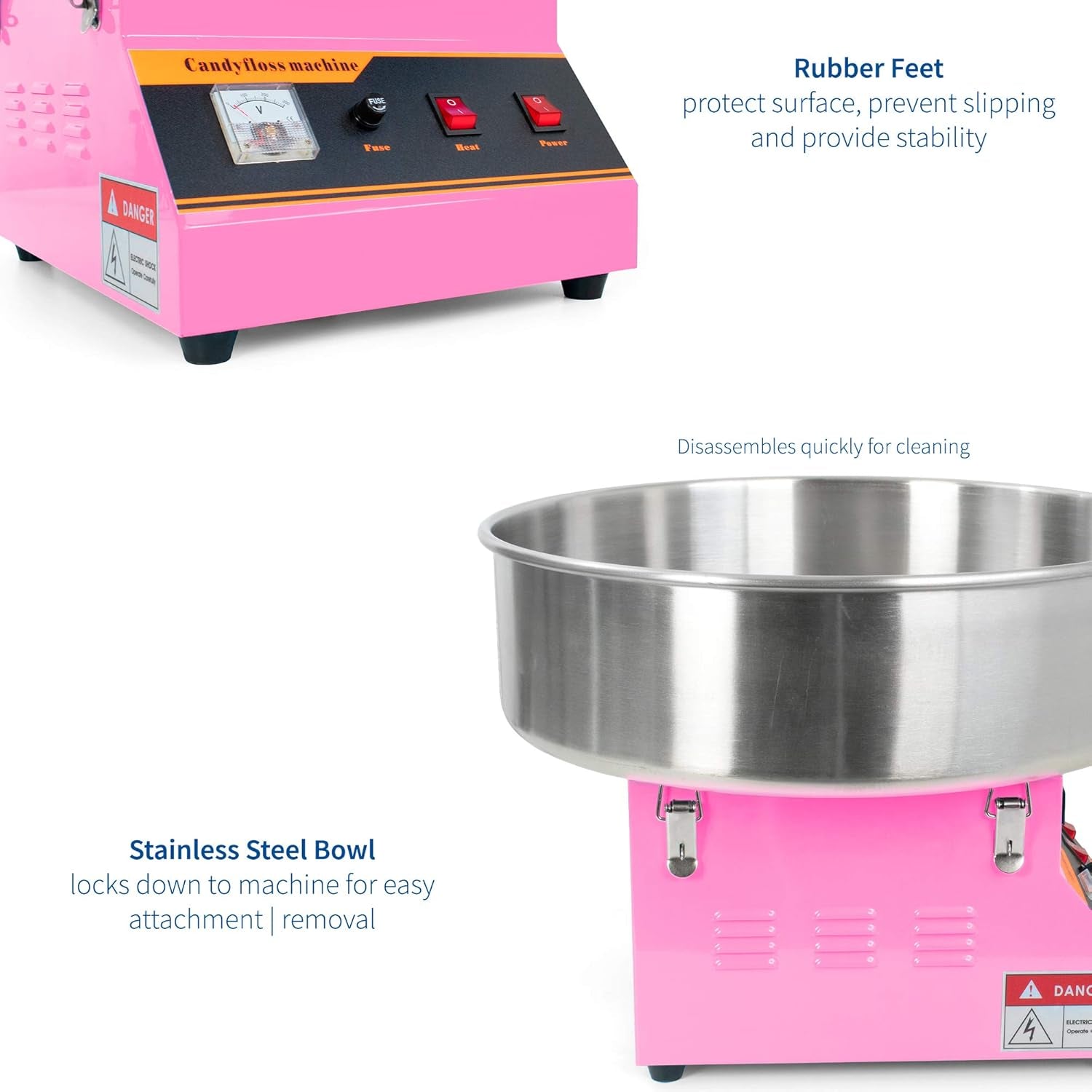 Pink 1030W Electric Cotton Candy Machine, Commercial Candy Floss Maker with 20 Inch Stainless Steel Bowl, Includes Bubble Shield Cover and Sugar Scoop, Easy Home Use, Candy-Kit-1