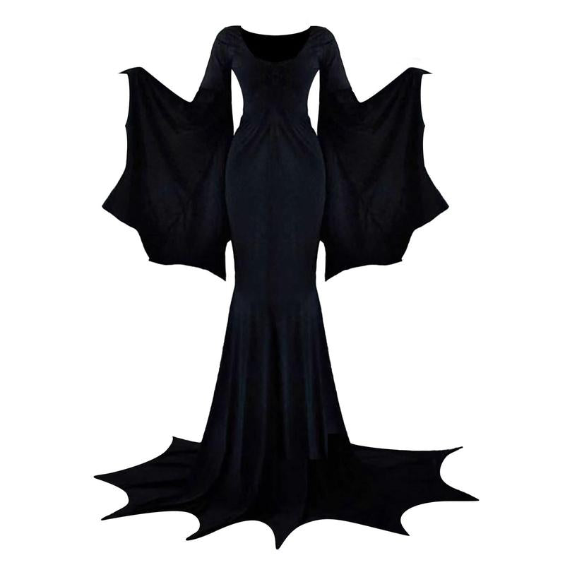 Witchy Costume Morticia Addams Wednesday Train Floor Dress Women Halloween Witch Dark Outfit Gothic Gown Robe Horror for Adult
