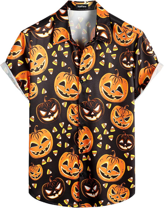 Mens Halloween Pumpkins Button down Short Sleeve Shirts Casual Skull Shirt