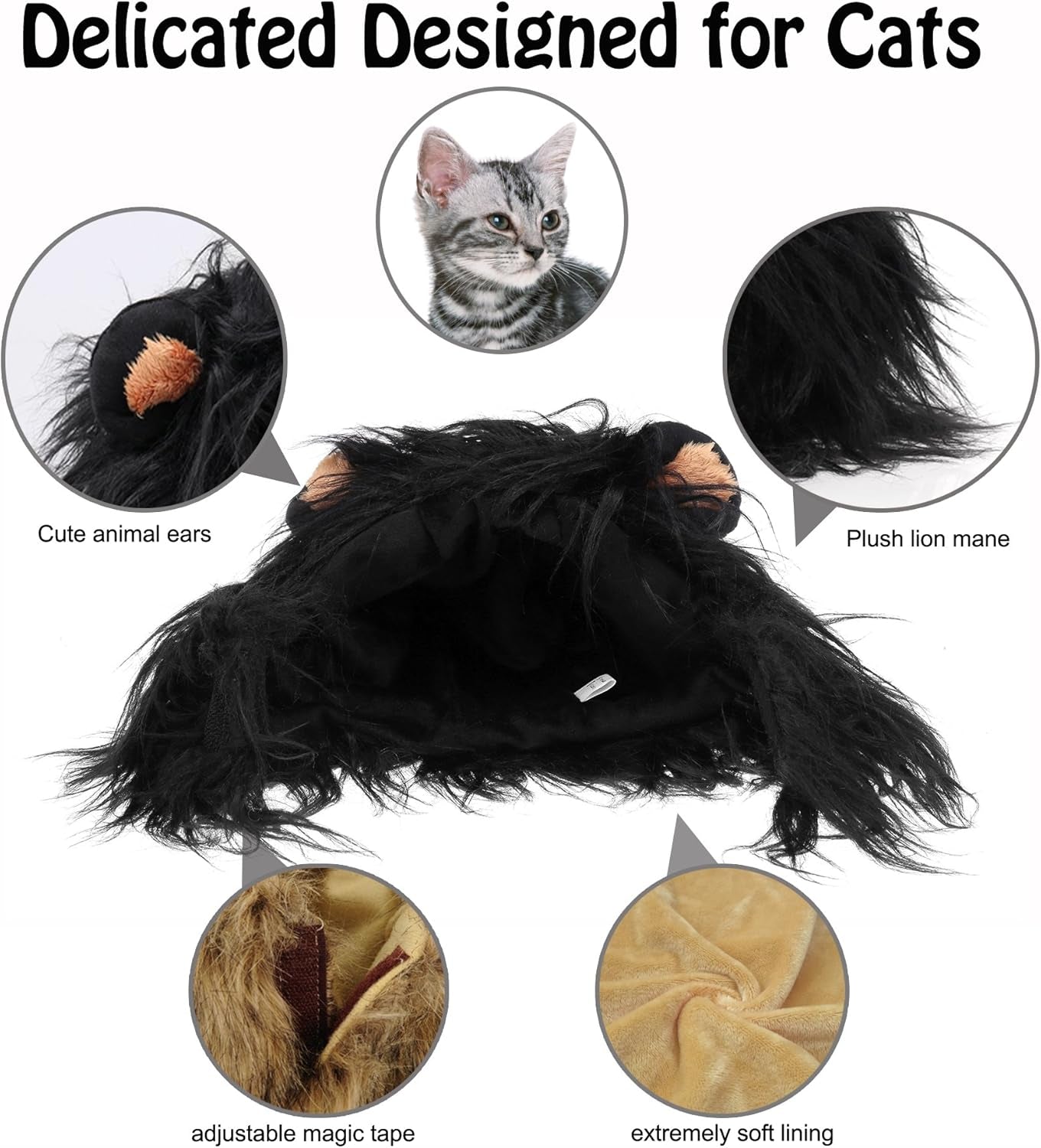 Lion Mane Wig for Cats, Funny Pet Cat Costumes for Halloween Christmas, Furry Pet Clothing Accessories (Size S, Black)