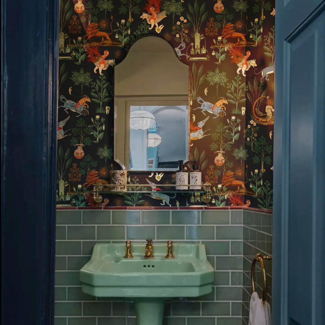 Botanical Wallpaper Mythical Beasts - Black Background, Horse and Lion, Plants, Removable or Vinyl Wall Murals #B28