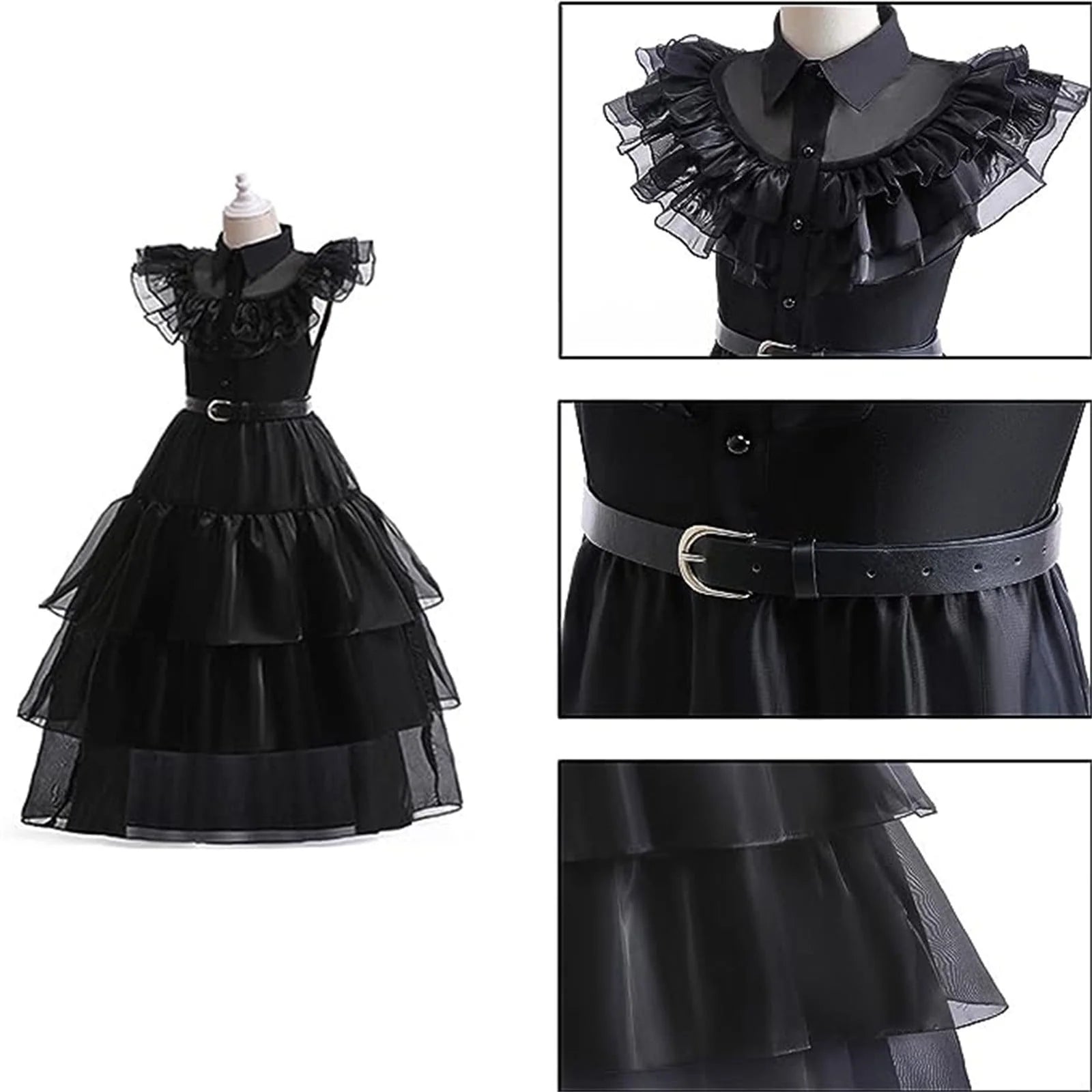 Black Wednesday Addams Costume Dress for Girls Halloween Costumes Cosplay Party Dress with Accessories 4-12Y, Wednesday Addams Costume Girls 110