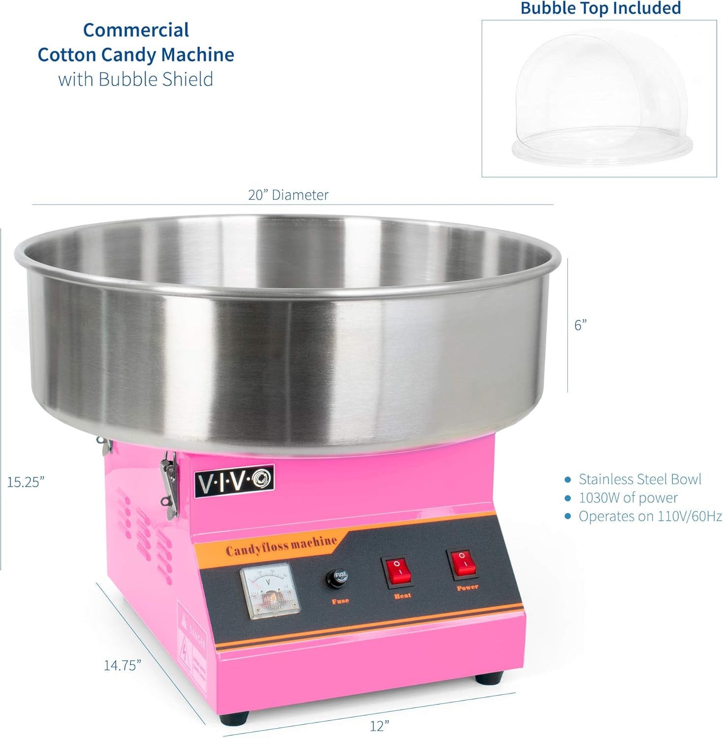 Pink 1030W Electric Cotton Candy Machine, Commercial Candy Floss Maker with 20 Inch Stainless Steel Bowl, Includes Bubble Shield Cover and Sugar Scoop, Easy Home Use, Candy-Kit-1