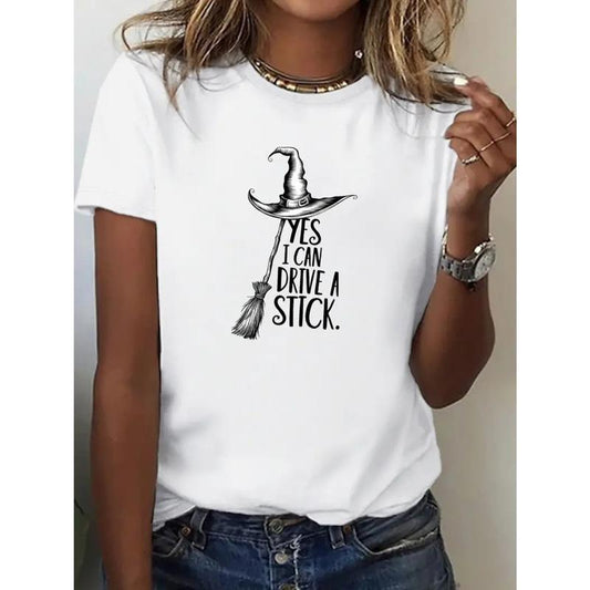 1Pc Women'S Witch Graphic T-Shirt - "Yes I Can Drive a Stick" Print, Casual All-Season Sportswear, Black with White Lettering, round Neck, Short Sleeve, Machine Washable