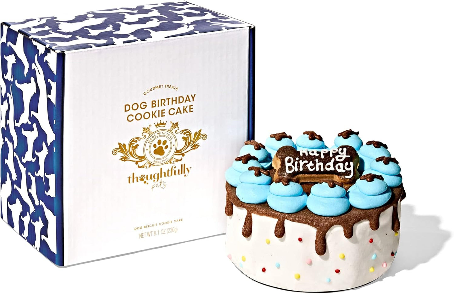 Pets, Blue Dog Happy Birthday Mini Cookie Cake, Blue, Peanut Butter Flavored, Hand Decorated Hollow Biscuit Cake for All Dog Breeds