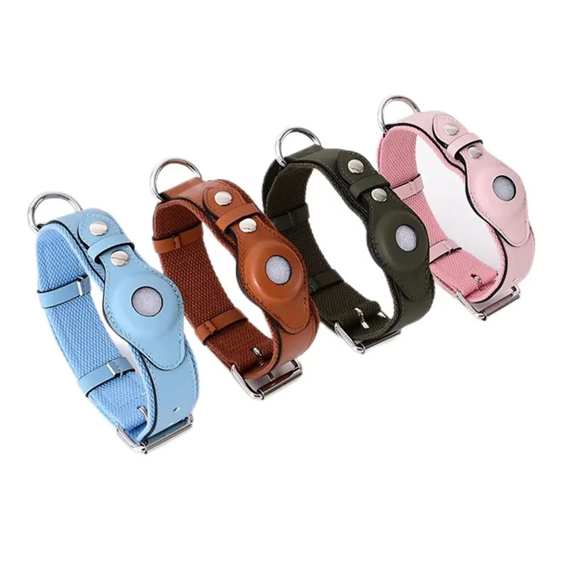 Luxury Leather Dog Collar with Adjustable Fit & Airtag Holder - Stylish Cat Accessory