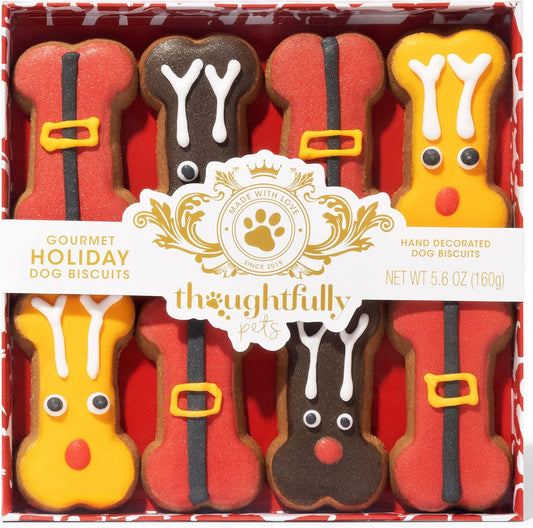 Pets, Holiday Dog Gourmet Cookies Gift Set, Hand Decorated and Human Grade Ingredients, Crunchy Dog Biscuit Variety Pack Includes Bone Shaped Holiday Themes, 8 Piece Set