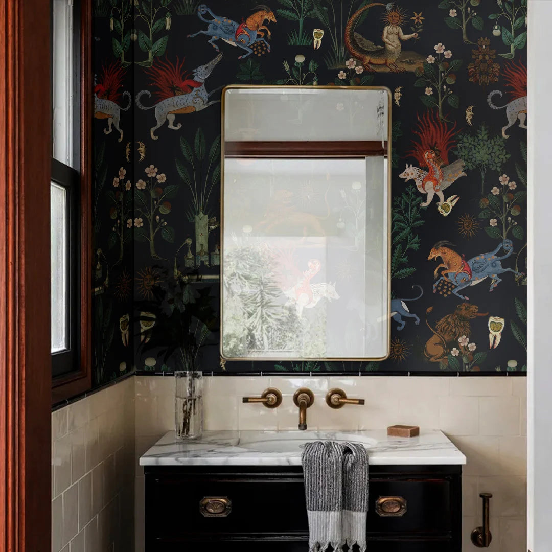 Botanical Wallpaper Mythical Beasts - Black Background, Horse and Lion, Plants, Removable or Vinyl Wall Murals #B28