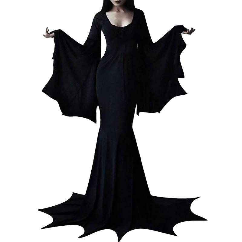 Witchy Costume Morticia Addams Wednesday Train Floor Dress Women Halloween Witch Dark Outfit Gothic Gown Robe Horror for Adult