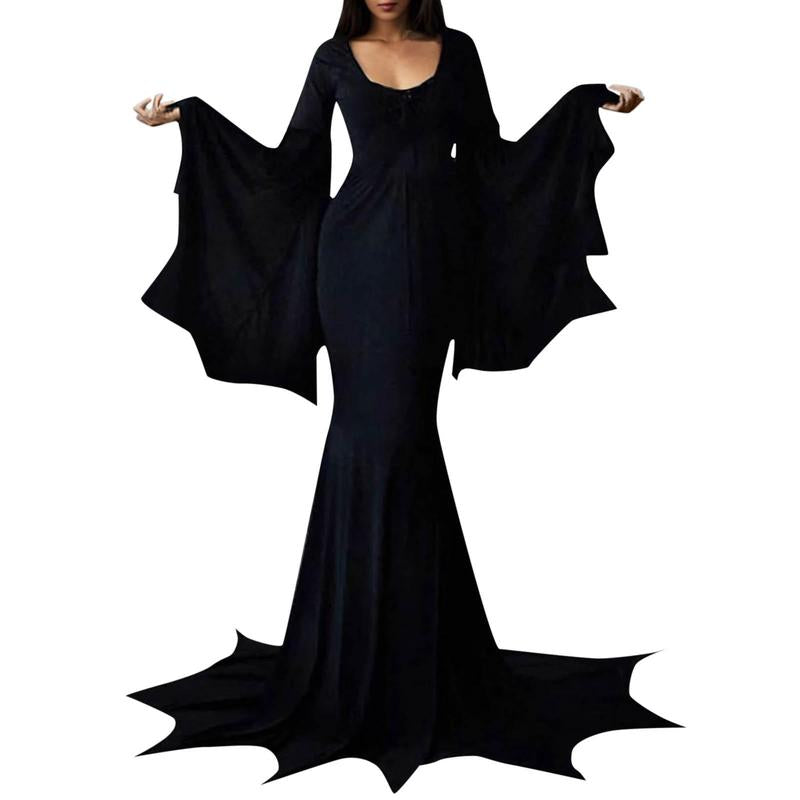 Witchy Costume Morticia Addams Wednesday Train Floor Dress Women Halloween Witch Dark Outfit Gothic Gown Robe Horror for Adult