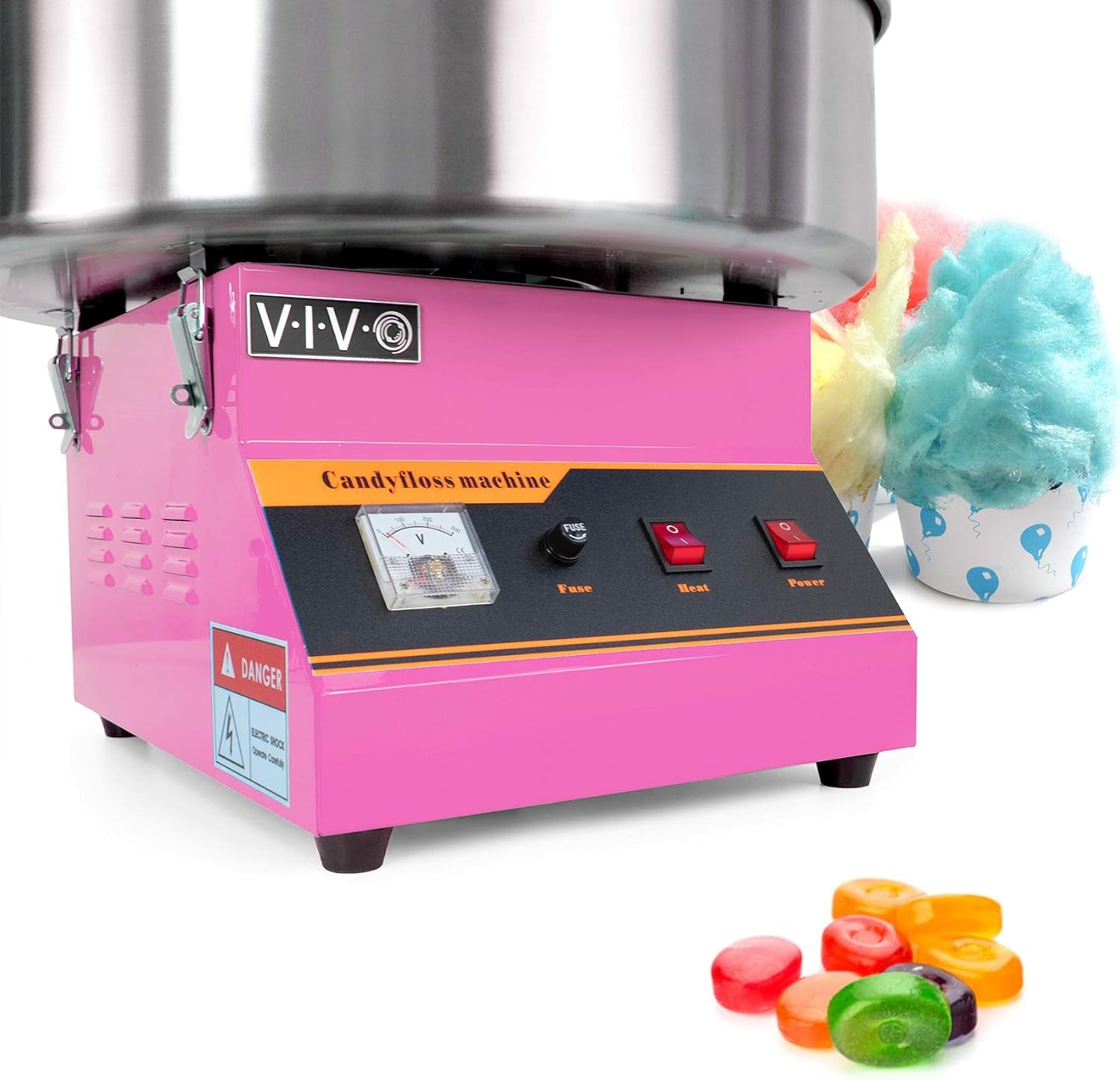 Pink 1030W Electric Cotton Candy Machine, Commercial Candy Floss Maker with 20 Inch Stainless Steel Bowl, Includes Bubble Shield Cover and Sugar Scoop, Easy Home Use, Candy-Kit-1