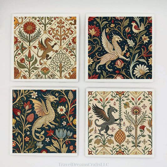 DRAGON MYTHICAL FANTASY Ceramic Tile Coaster | Handmade Drink Coaster | Square Coaster Set | Housewarming Gift | Gift for Her | Gift for Him