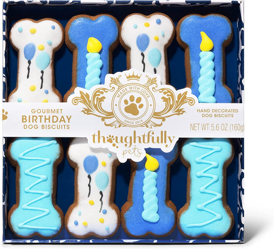 Pets, Dog Birthday Cookie Gift Set, Hand Decorated Crunchy Treats in Bone Shapes, Great for Birthdays, Set of 8 (8 Count (Pack of 1), Boy)