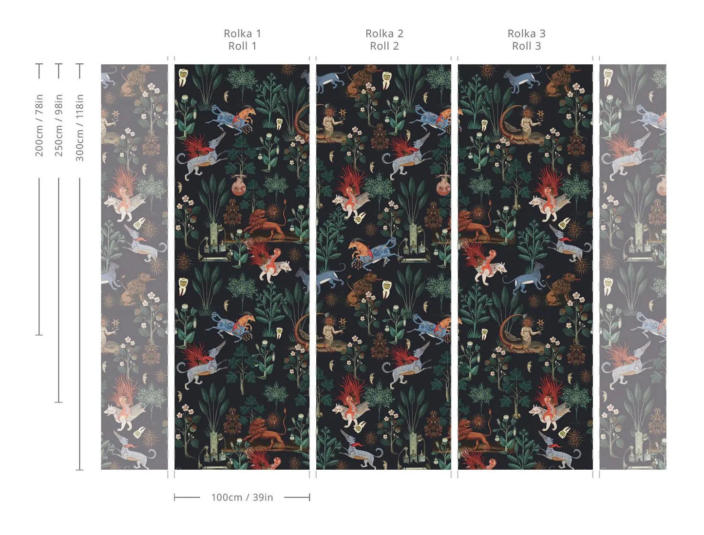 Botanical Wallpaper Mythical Beasts - Black Background, Horse and Lion, Plants, Removable or Vinyl Wall Murals #B28