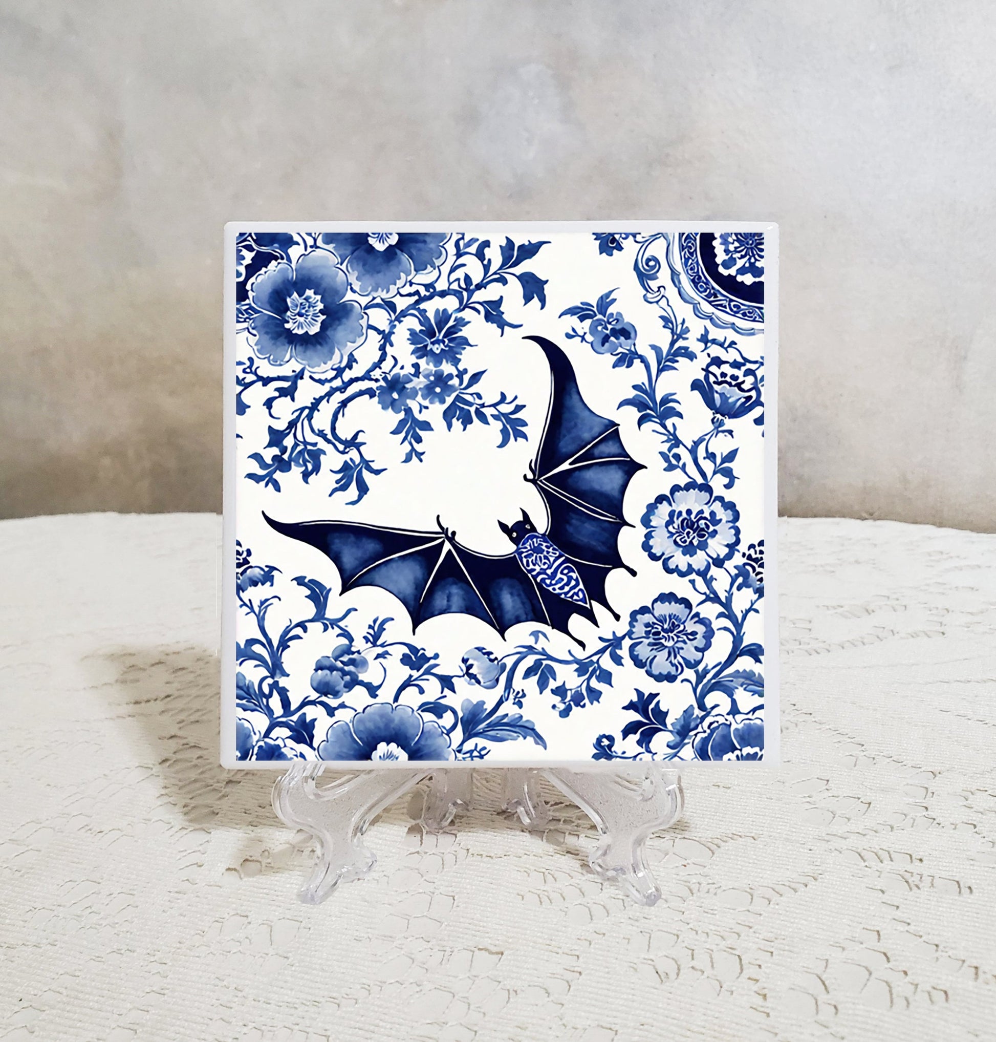 Blue White Bat Coaster Set | Halloween Decor Ceramic Tile Coasters | Gothic Bat Lover Gift