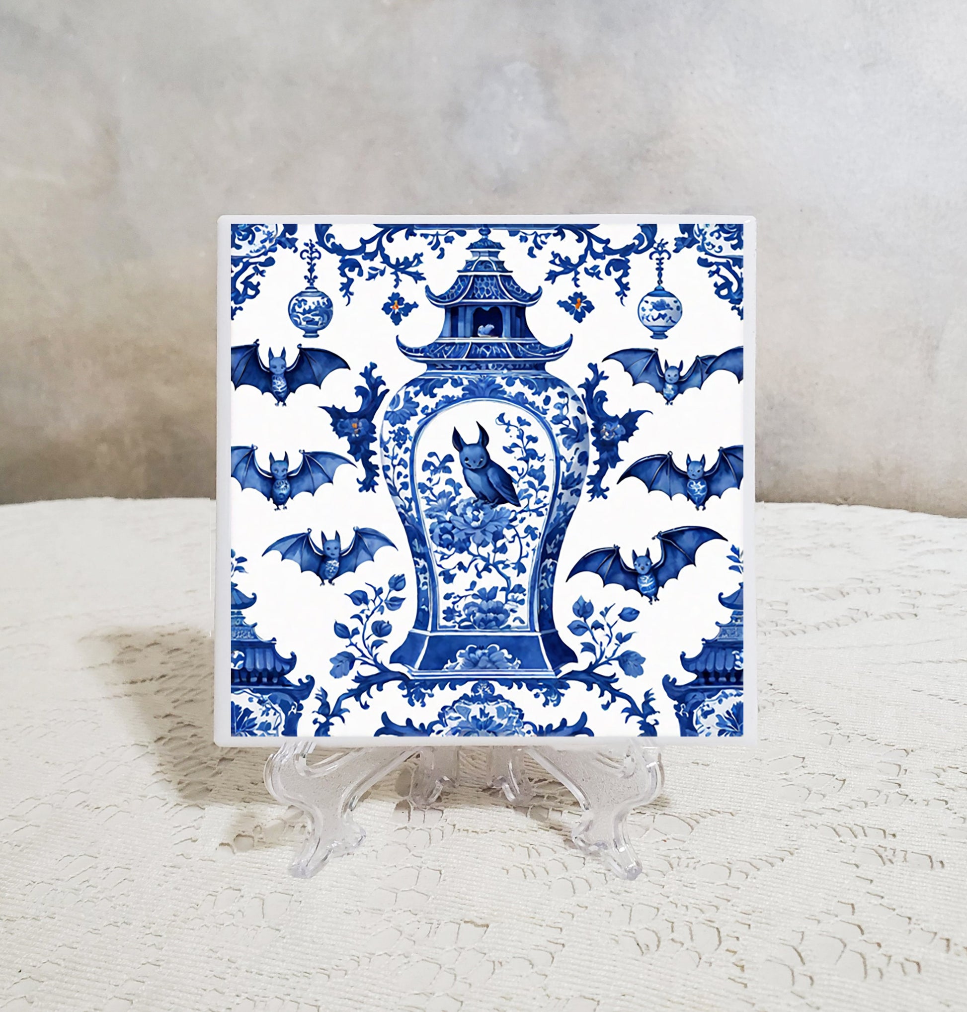 Blue White Bat Coaster Set | Halloween Decor Ceramic Tile Coasters | Gothic Bat Lover Gift