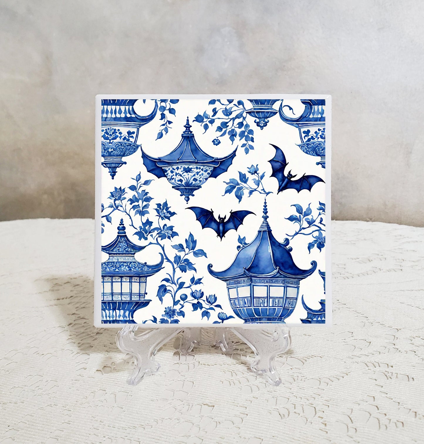 Blue White Bat Coaster Set | Halloween Decor Ceramic Tile Coasters | Gothic Bat Lover Gift