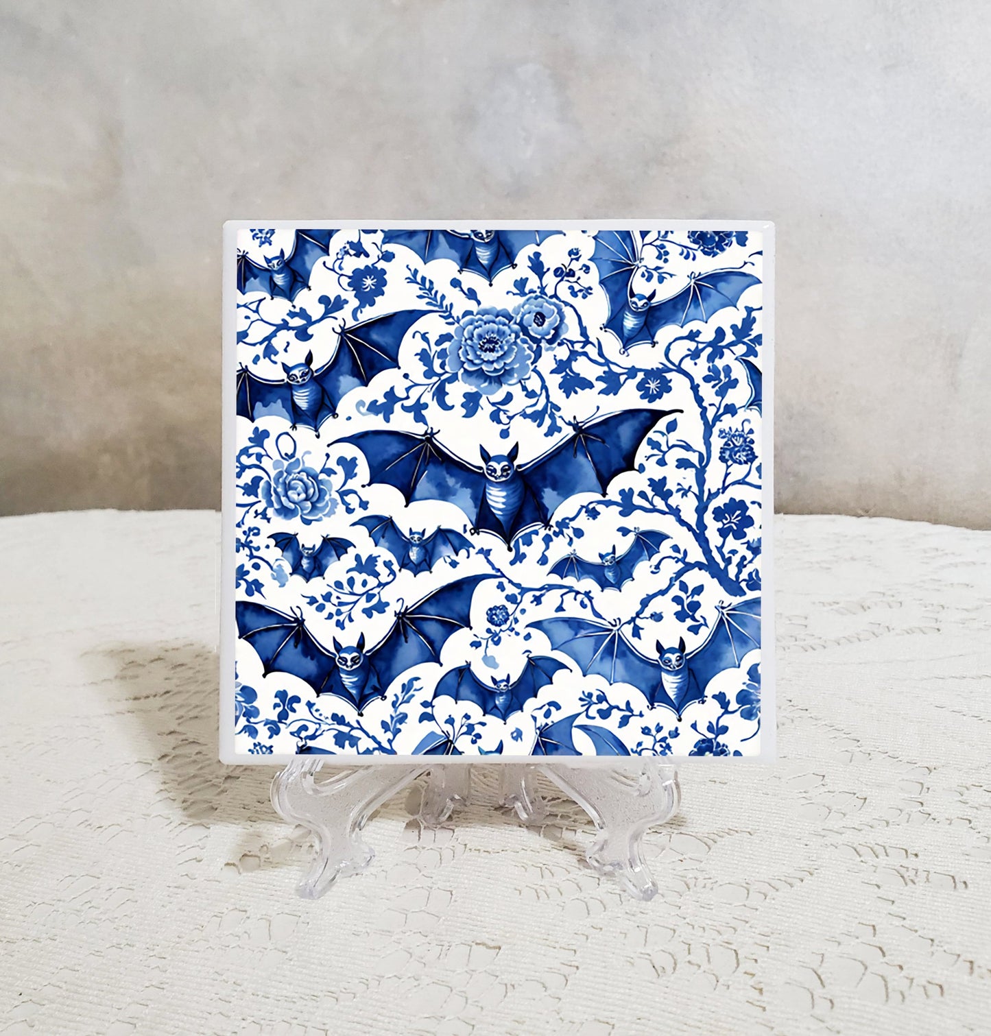 Blue White Bat Coaster Set | Halloween Decor Ceramic Tile Coasters | Gothic Bat Lover Gift