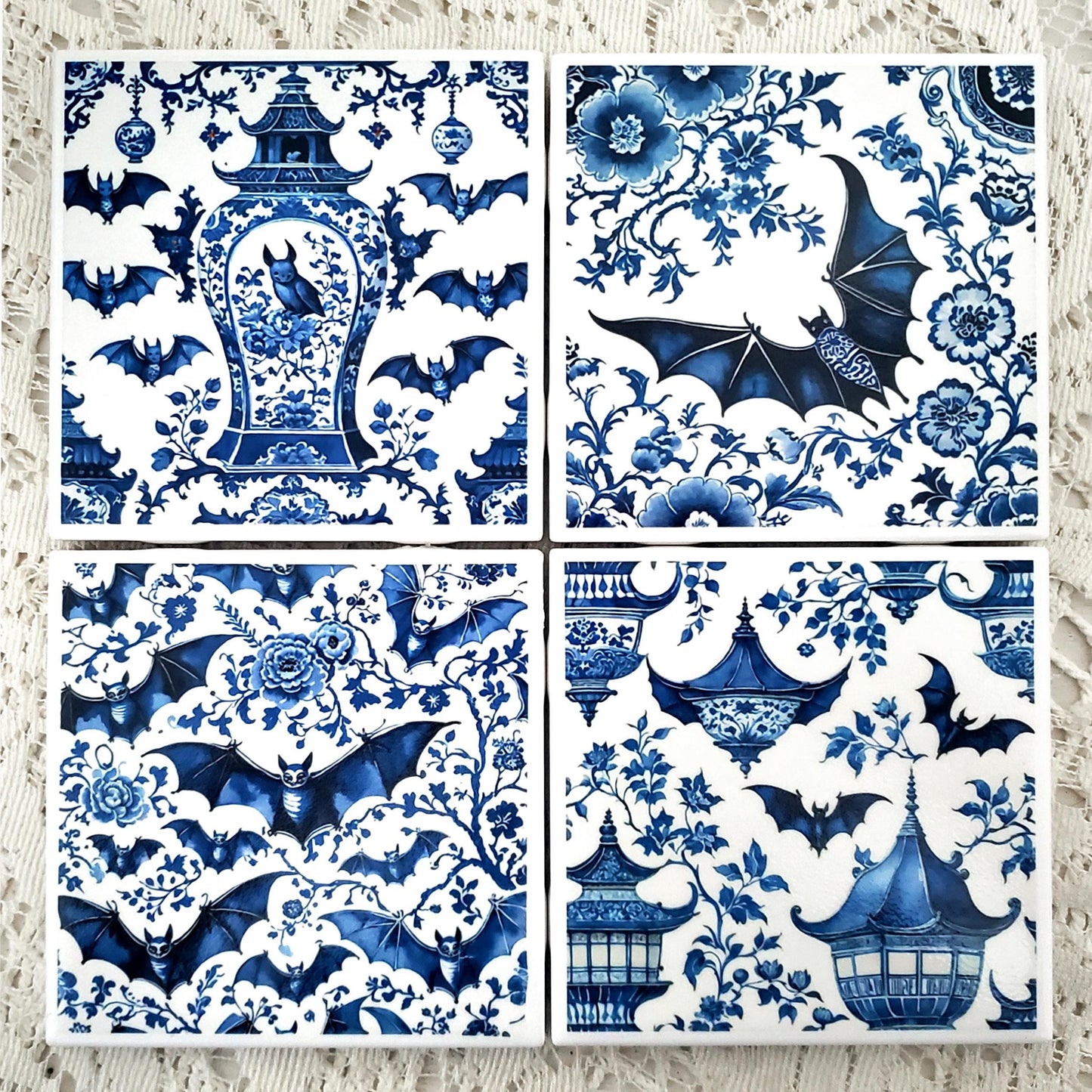 Blue White Bat Coaster Set | Halloween Decor Ceramic Tile Coasters | Gothic Bat Lover Gift