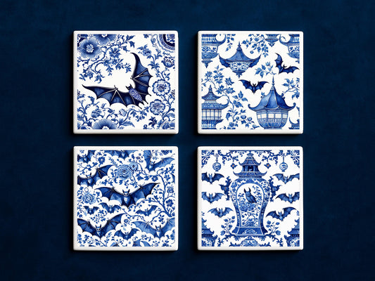 Blue White Bat Coaster Set | Halloween Decor Ceramic Tile Coasters | Gothic Bat Lover Gift