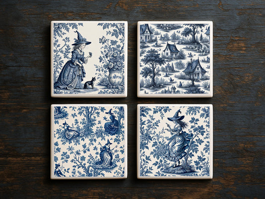 Witch Ceramic Coaster Set – Blue White Toile Tile Art, Halloween Cottagecore Whimsigoth Home Decor- Pagan Wicca Gift Idea