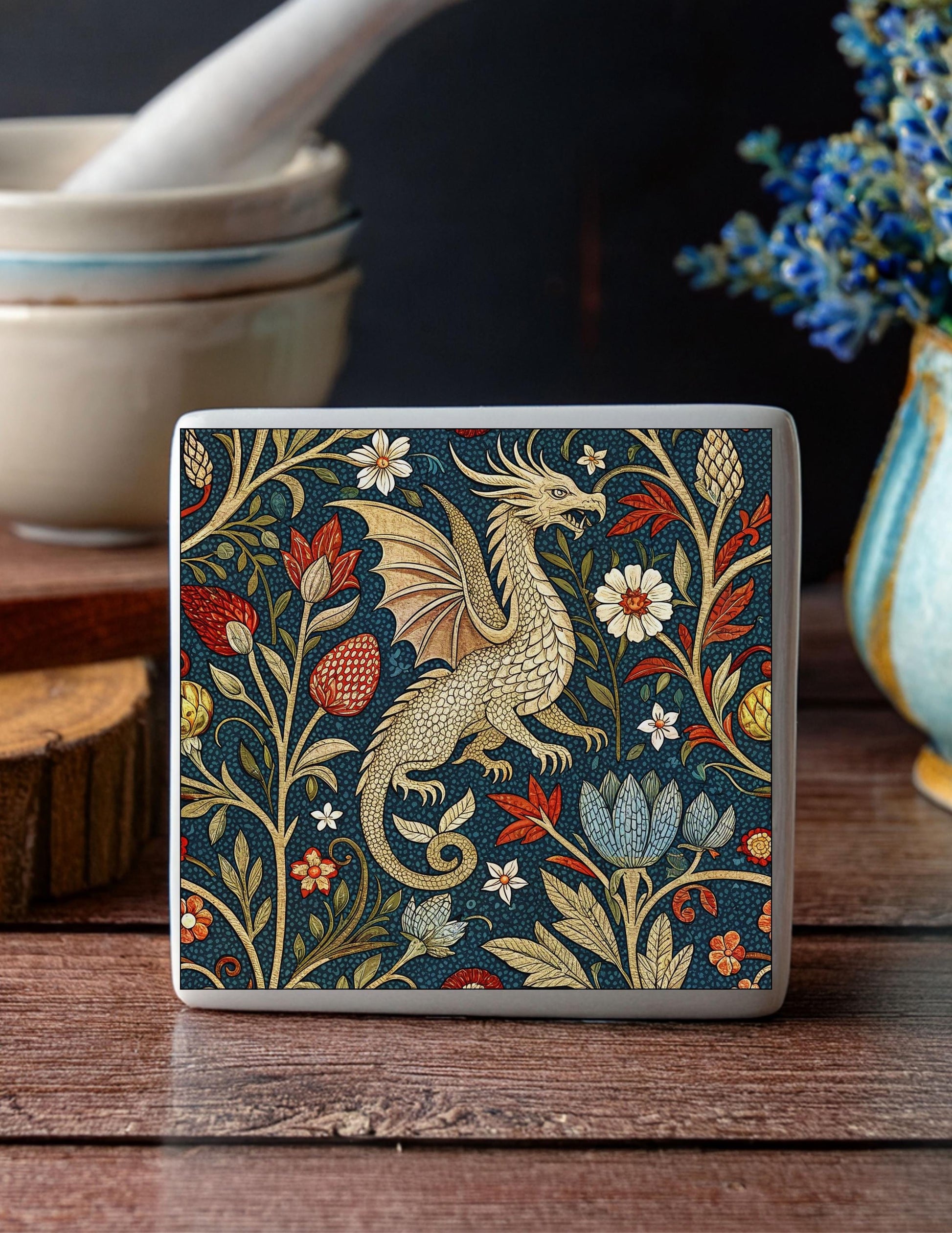 DRAGON MYTHICAL FANTASY Ceramic Tile Coaster | Handmade Drink Coaster | Square Coaster Set | Housewarming Gift | Gift for Her | Gift for Him